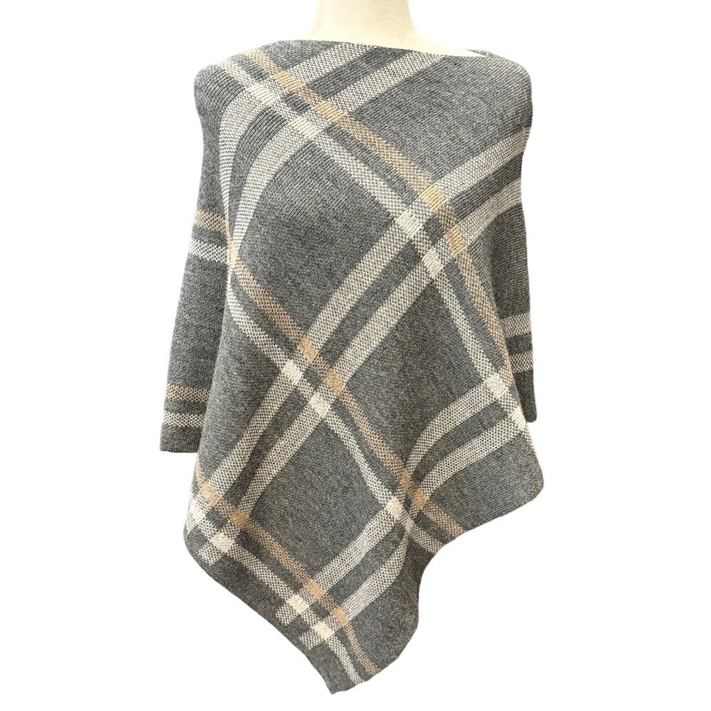 Nardi & Tagliaferri Gray Plaid Knit Poncho OSFA Made In Italy Wool Blend